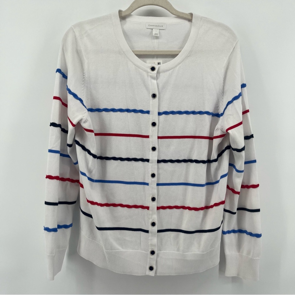 NWT Charter Club Nautical Cardigan Red White Blue Striped Women's Size Large